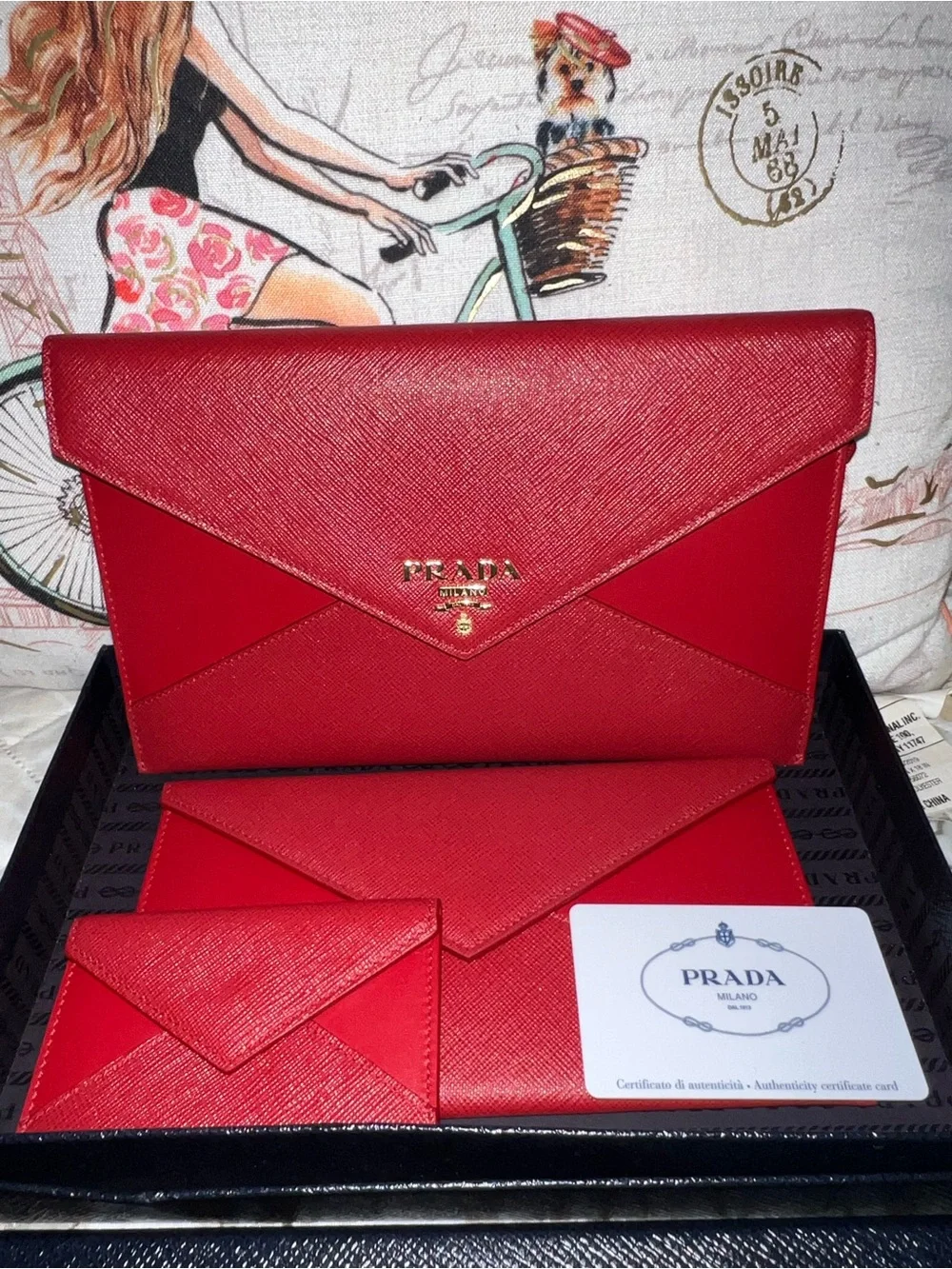 Prada Red Saffiano Envelope Clutch with Gold Logo